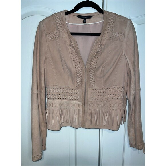 WHITE HOUSE BLACK MARKET WHBM Fringe Leather Suede Jacket Small Light Pink Boho - Picture 1 of 16